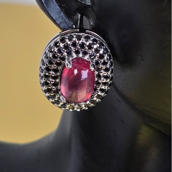 925 Sterling Silver Earrings with Natural Ruby 7x5mm & Spinel Gemstone - Picture 2 of 7